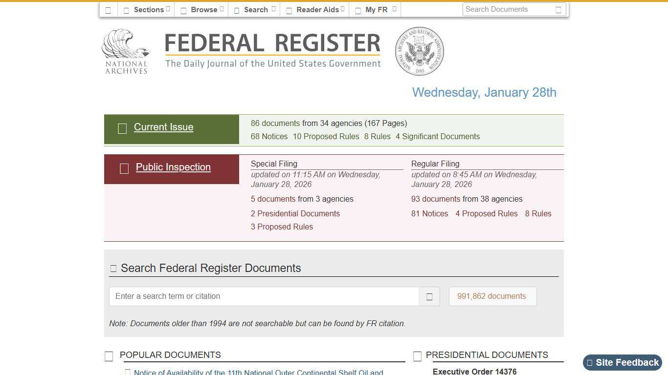 Federal Register :: Home - Wednesday, January 28th